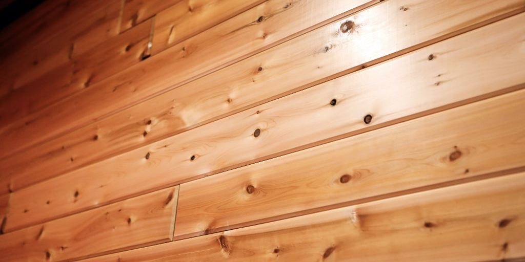 Pre-finished pine tongue and groove paneling.