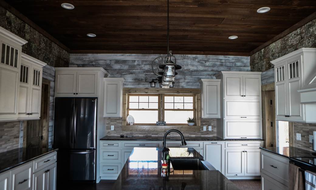 a modern lake house kitchen with rustic accents