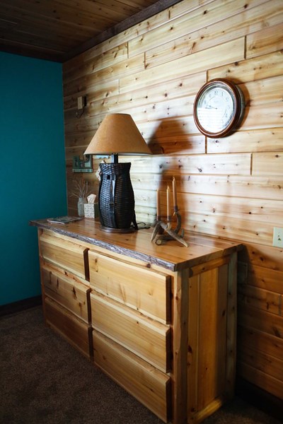 Wood paneling accent wall in bedroom.