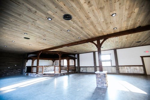 8” rough sawn shiplap on ceiling, pre-stained stone grey.