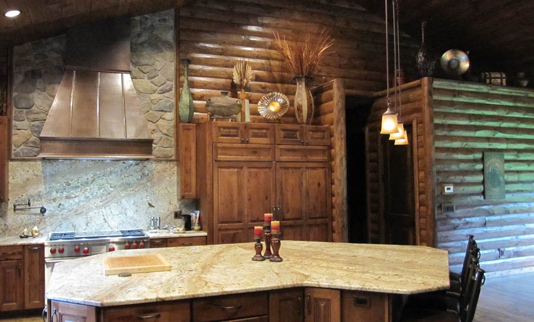 log cabin wood paneling in a rustic kitchen