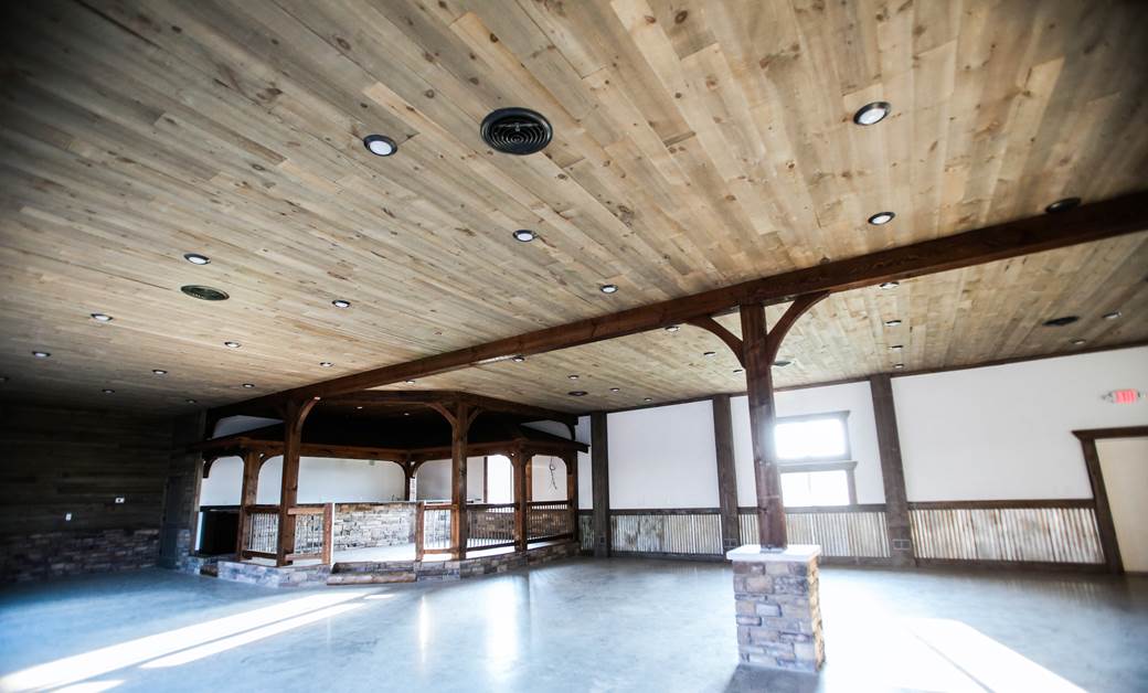 8” rough sawn shiplap on ceiling, pre-stained stone grey