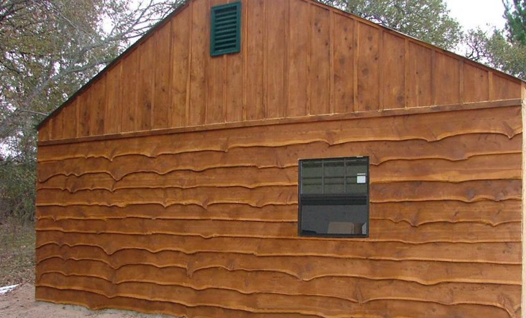 Wavy edge bevel siding with board and batten roofing.