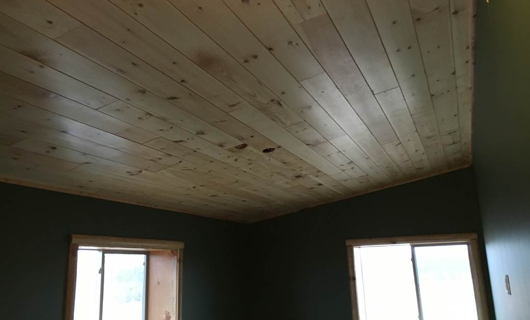 Nickel gap siding installed on ceiling.